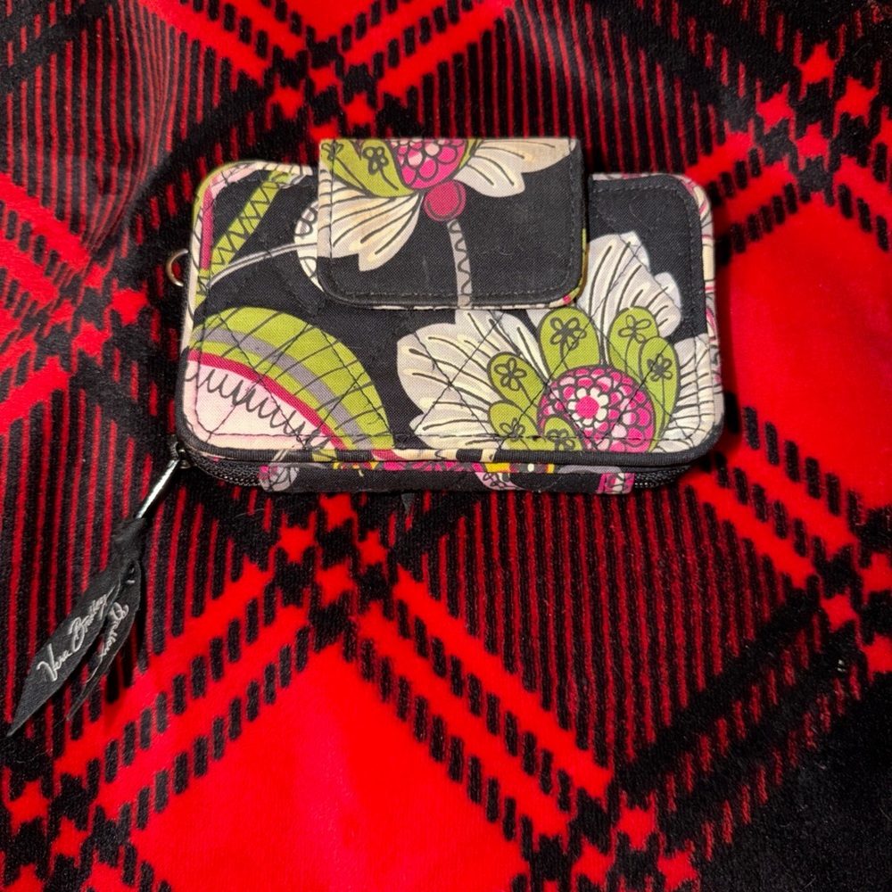Vera Bradley Black Floral Zip-Around Wallet with Lime and Pink Accents